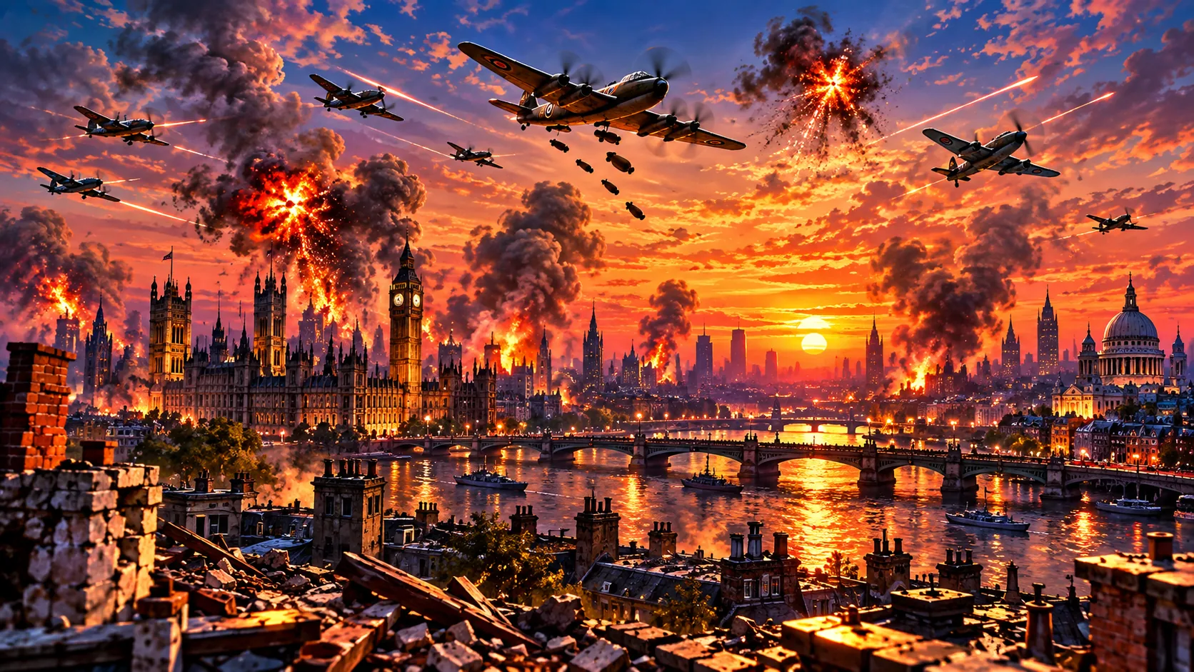 Bombing Buildings skyline with aircraft and explosions